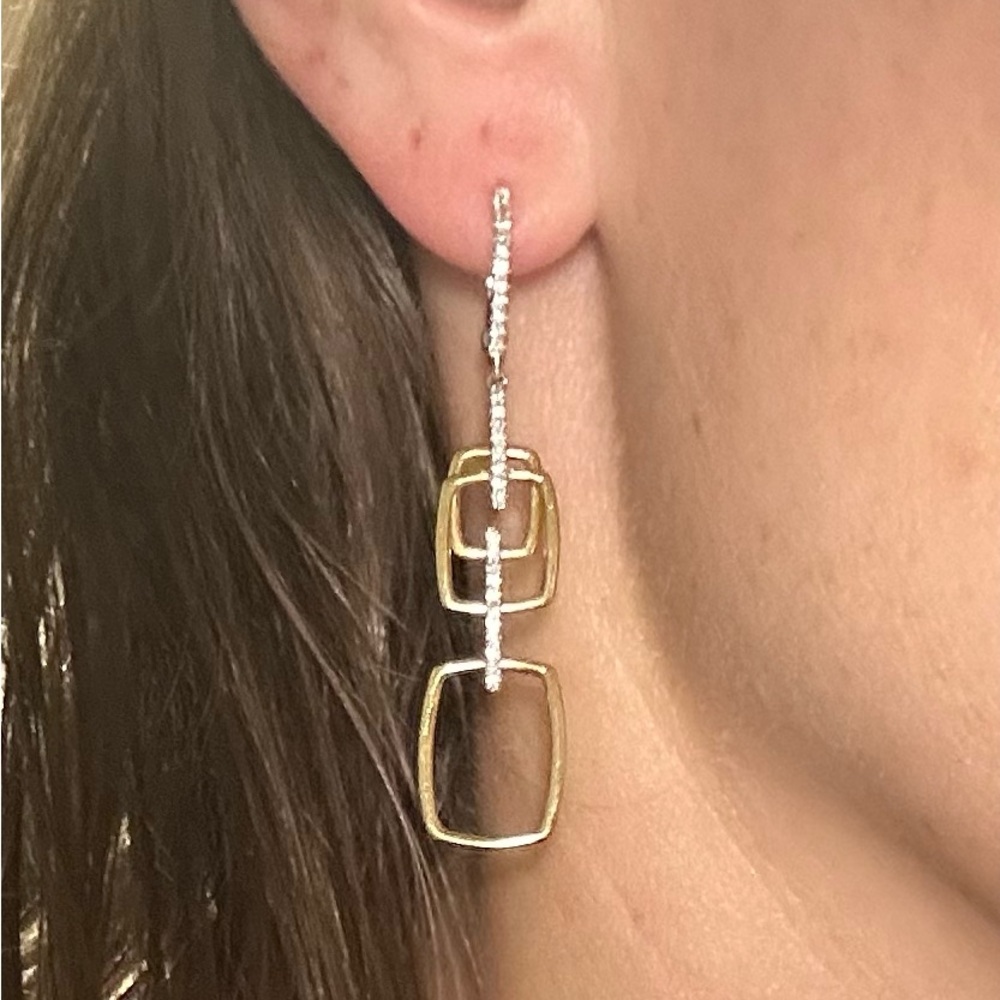 14k Gold and White Gold Double Square Diamond Drop Earrings - Women Jewelry